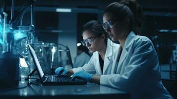 Two female scientists are using laptops in the laboratory. photo