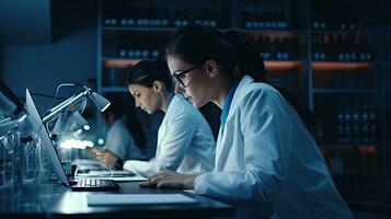 Two female scientists are using laptops in the laboratory. photo