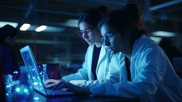 Two female scientists are using laptops in the laboratory. photo