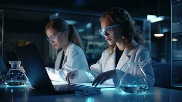 Two female scientists are using laptops in the laboratory. photo