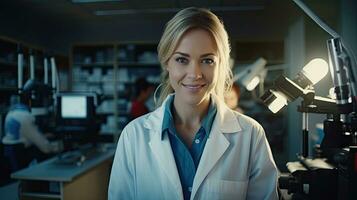 Smart beautiful woman working in a laboratory Use lab equipment, conduct experiments, study test samples. Happy female scientist looking at camera photo