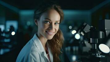 Smart beautiful woman working in a laboratory Use lab equipment, conduct experiments, study test samples. Happy female scientist looking at camera photo