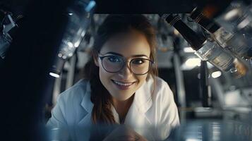 Smart beautiful woman working in a laboratory Use lab equipment, conduct experiments, study test samples. Happy female scientist looking at camera photo