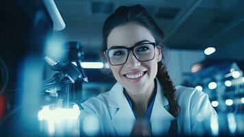 Smart beautiful woman working in a laboratory Use lab equipment, conduct experiments, study test samples. Happy female scientist looking at camera photo