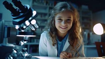 Smart beautiful woman working in a laboratory Use lab equipment, conduct experiments, study test samples. Happy female scientist looking at camera photo