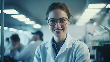 inteligente hermosa mujer trabajando en un laboratorio utilizar laboratorio equipo, conducta experimentos, estudiar prueba muestras contento hembra científico mirando a cámara foto