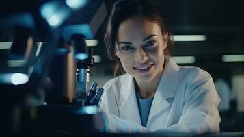 Smart beautiful woman working in a laboratory Use lab equipment, conduct experiments, study test samples. Happy female scientist looking at camera photo