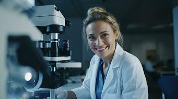 Smart beautiful woman working in a laboratory Use lab equipment, conduct experiments, study test samples. Happy female scientist looking at camera photo