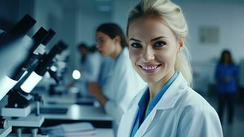 Smart beautiful woman working in a laboratory Use lab equipment, conduct experiments, study test samples. Happy female scientist looking at camera photo