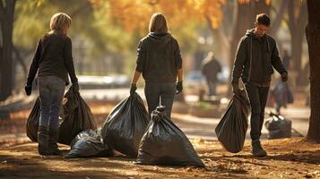 voluntario equipo con basura pantalones limpieza el parque, cerdos, voluntario equipo ama el ambiente foto