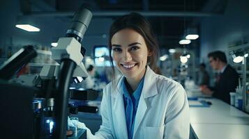 Smart beautiful woman working in a laboratory Use lab equipment, conduct experiments, study test samples. Happy female scientist looking at camera photo