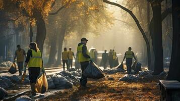 Volunteer team with garbage bags cleaning the park, pigs, volunteer team loves the environment photo