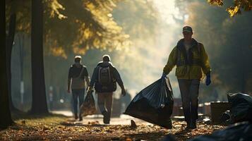 Volunteer team with garbage bags cleaning the park, pigs, volunteer team loves the environment photo