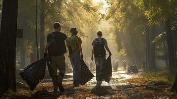 Volunteer team with garbage bags cleaning the park, pigs, volunteer team loves the environment photo