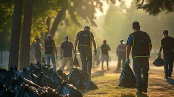 Volunteer team with garbage bags cleaning the park, pigs, volunteer team loves the environment photo