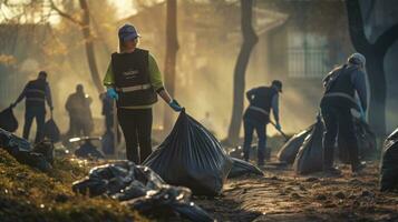 Volunteer team with garbage bags cleaning the park, pigs, volunteer team loves the environment photo