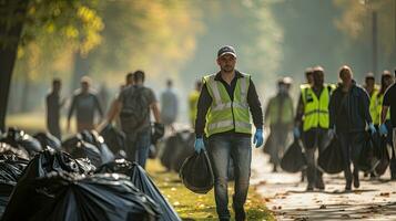 Volunteer team with garbage bags cleaning the park, pigs, volunteer team loves the environment photo