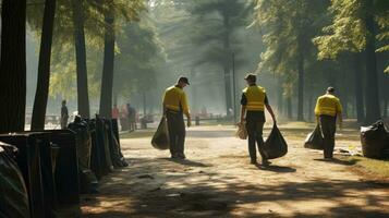 voluntario equipo con basura pantalones limpieza el parque, cerdos, voluntario equipo ama el ambiente foto