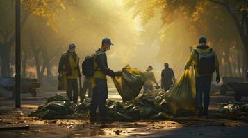 voluntario equipo con basura pantalones limpieza el parque, cerdos, voluntario equipo ama el ambiente foto