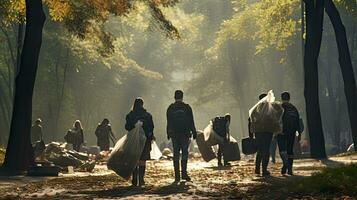 voluntario equipo con basura pantalones limpieza el parque, cerdos, voluntario equipo ama el ambiente foto