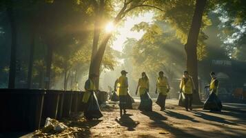 Volunteer team with garbage bags cleaning the park, pigs, volunteer team loves the environment photo