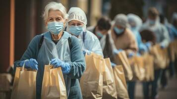 Elderly woman holding plastic bag looking at camera, Elderly woman wearing mask collecting recyclable trash photo