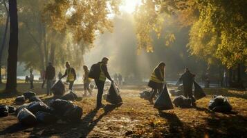 voluntario equipo con basura pantalones limpieza el parque, cerdos, voluntario equipo ama el ambiente foto