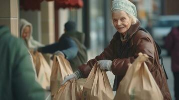 Elderly woman holding plastic bag looking at camera, Elderly woman wearing mask collecting recyclable trash photo