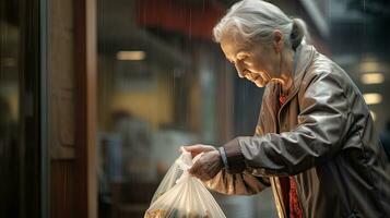 Elderly woman holding plastic bag looking at camera, Elderly woman wearing mask collecting recyclable trash photo