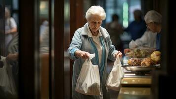 Elderly woman holding plastic bag looking at camera, Elderly woman wearing mask collecting recyclable trash photo