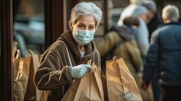 Elderly woman holding plastic bag looking at camera, Elderly woman wearing mask collecting recyclable trash photo