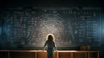 School children write math formulas on the blackboard. Asian primary school students are solving geometric problems on the blackboard photo