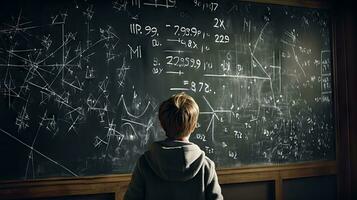 School children write math formulas on the blackboard. Asian primary school students are solving geometric problems on the blackboard photo