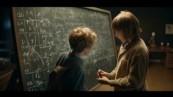 School children write math formulas on the blackboard. Asian primary school students are solving geometric problems on the blackboard photo