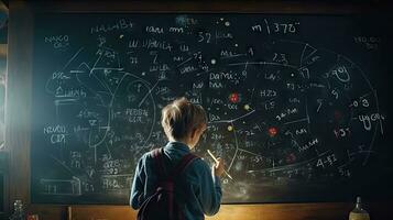 School children write math formulas on the blackboard. Asian primary school students are solving geometric problems on the blackboard photo