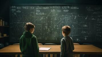 School children write math formulas on the blackboard. Asian primary school students are solving geometric problems on the blackboard photo