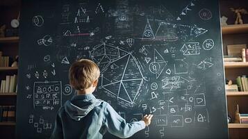 School children write math formulas on the blackboard. Asian primary school students are solving geometric problems on the blackboard photo