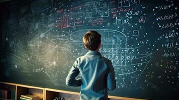 School children write math formulas on the blackboard. Asian primary school students are solving geometric problems on the blackboard photo