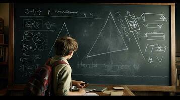 School children write math formulas on the blackboard. Asian primary school students are solving geometric problems on the blackboard photo