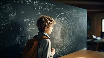 School children write math formulas on the blackboard. Asian primary school students are solving geometric problems on the blackboard photo