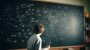 School children write math formulas on the blackboard. Asian primary school students are solving geometric problems on the blackboard photo