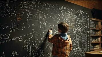 School children write math formulas on the blackboard. Asian primary school students are solving geometric problems on the blackboard photo