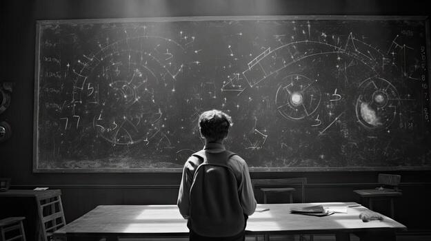 School children write math formulas on the blackboard. Asian primary school students are solving geometric problems on the blackboard photo