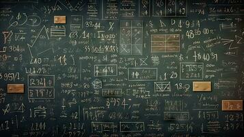 School children write math formulas on the blackboard. Asian primary school students are solving geometric problems on the blackboard photo