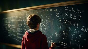 School children write math formulas on the blackboard. Asian primary school students are solving geometric problems on the blackboard photo