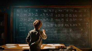 School children write math formulas on the blackboard. Asian primary school students are solving geometric problems on the blackboard photo