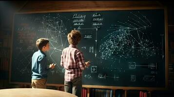 School children write math formulas on the blackboard. Asian primary school students are solving geometric problems on the blackboard photo