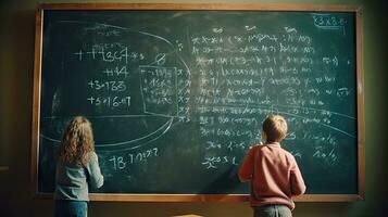 School children write math formulas on the blackboard. Asian primary school students are solving geometric problems on the blackboard photo