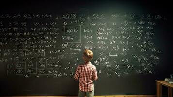 School children write math formulas on the blackboard. Asian primary school students are solving geometric problems on the blackboard photo