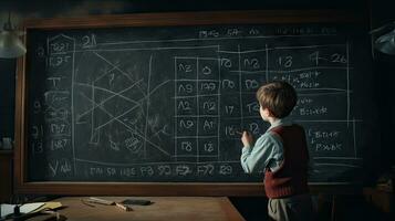 School children write math formulas on the blackboard. Asian primary school students are solving geometric problems on the blackboard photo